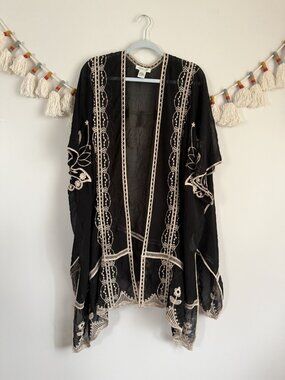 Rachel Zoe Cotton Sheer Embroidered Open Front Kimono Coverup Romantic Beach OS